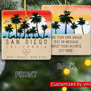 San Diego California Retro Sunset Palm tree 60s Ceramic Ornament