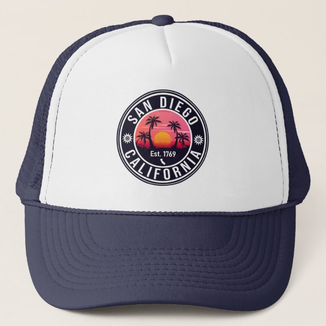 San Diego California Retro Sunset Souvenirs 80s Trucker Hat (Front)