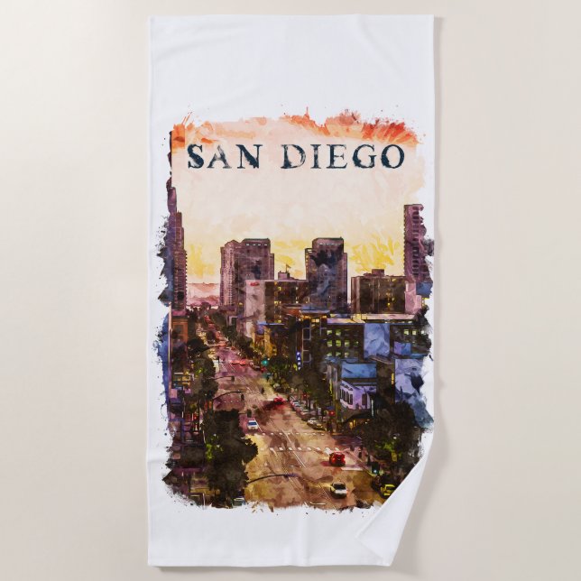 San Diego California Watercoloer Sunset View Beach Towel (Front)