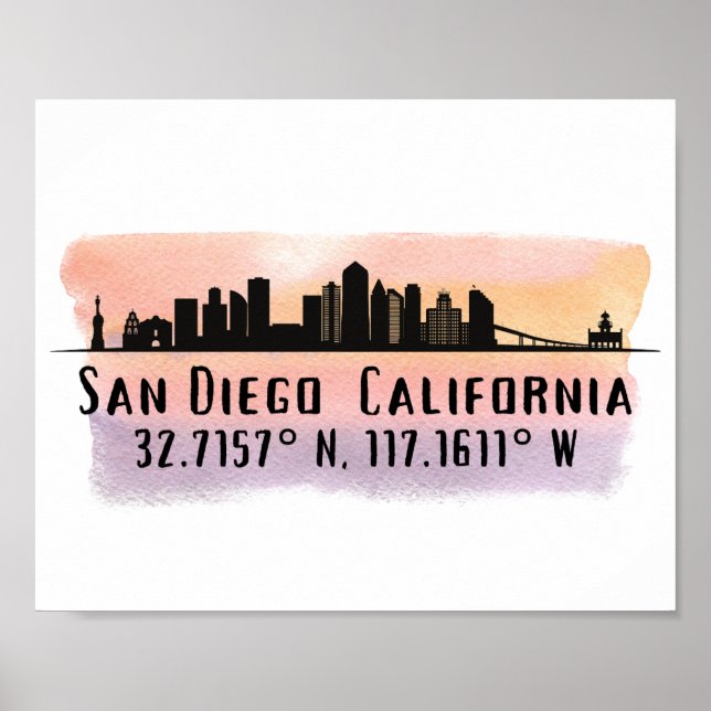 San Diego City Skyline Latitude and Longitude  Poster (Front)