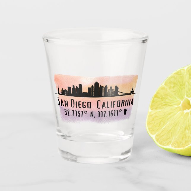 San Diego City Skyline Latitude and Longitude  Shot Glass (Front)