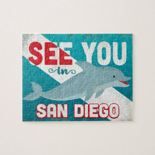 San Diego Dolphin - Retro Vintage Travel Jigsaw Puzzle