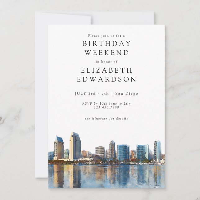 San Diego Skyline Watercolor Birthday Weekend Invitation (Front)