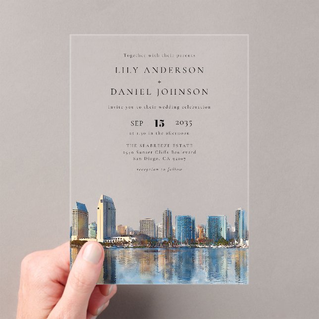 San Diego Skyline Watercolor Destination Wedding Acrylic Invitations (Insitu (Handheld))