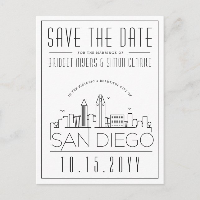 San Diego | Stylised Skyline Save the Date Postcard (Front)