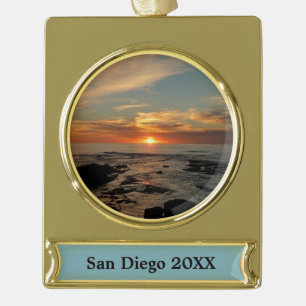 San Diego Sunset II California Seascape Gold Plated Banner Ornament