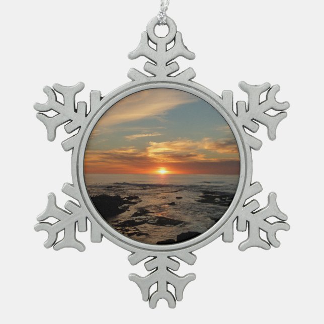 San Diego Sunset II California Seascape Snowflake Pewter Christmas Ornament (Front)