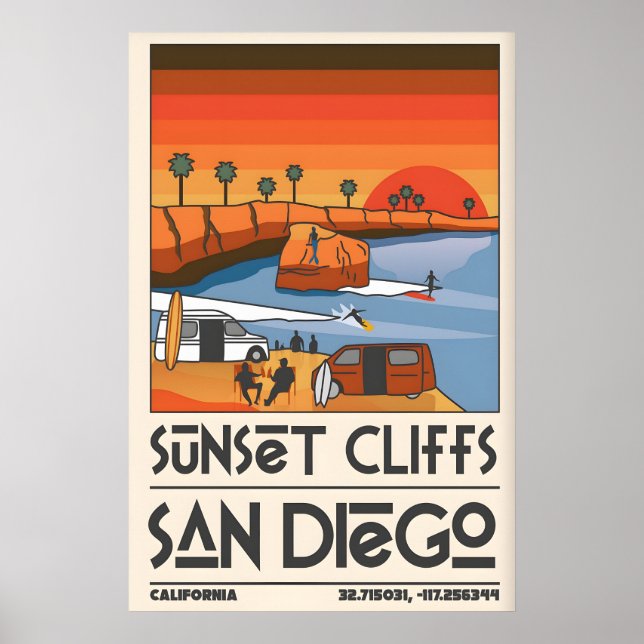 San Diego Travel Poster Retro Sunset Cliffs Scene (Front)