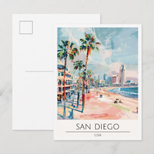 San Diego USA Vintage Art Illustration Travel Postcard
