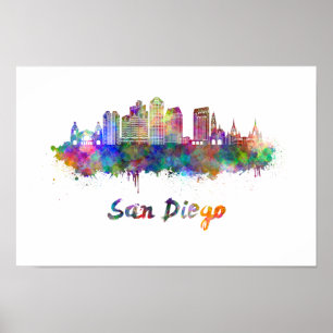 San Diego V2 skyline in watercolor Poster
