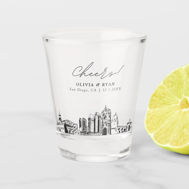 San Diego Wedding Favour Personalised Cheers Shot Glass (Front)