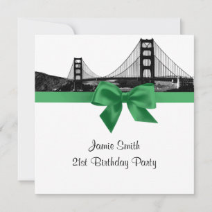 San Fran Skyline Etched BW Dark Jade SQ Birthday Invitation