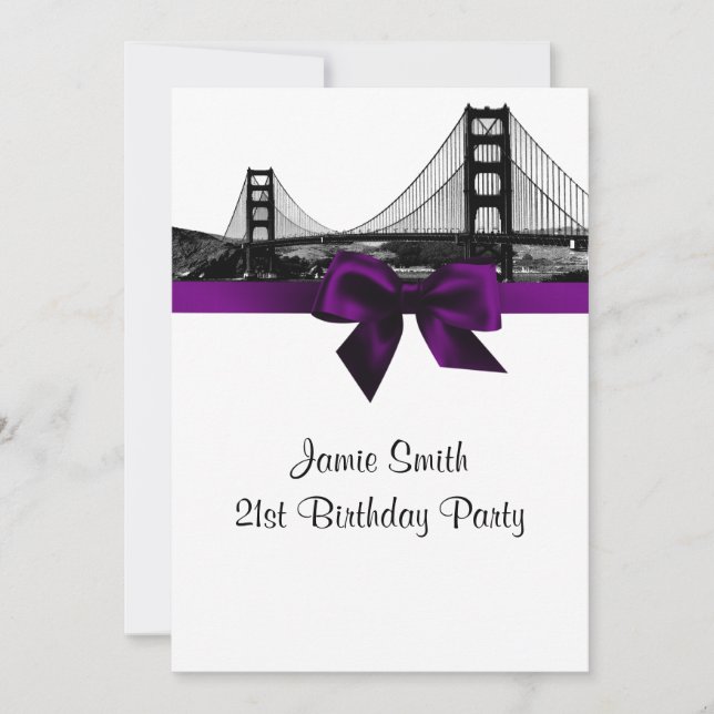 San Fran Skyline Etched BW Purple Birthday Party Invitation (Front)