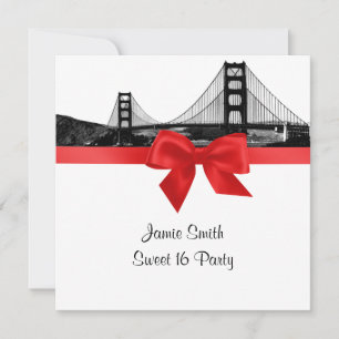 San Fran Skyline Etched BW Red Sweet Sixteen SQ Invitation