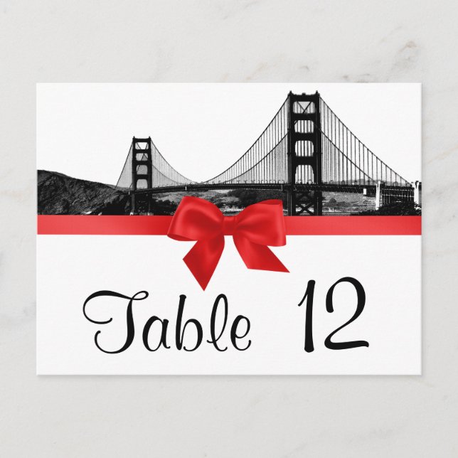 San Fran Skyline Etched BW Red Table Number Postcard (Front)