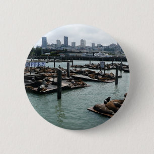 San Francisco and Pier 39 Sea Lions City Skyline 6 Cm Round Badge