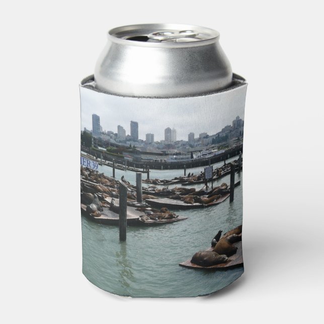 San Francisco and Pier 39 Sea Lions City Skyline Can Cooler (Can Front)