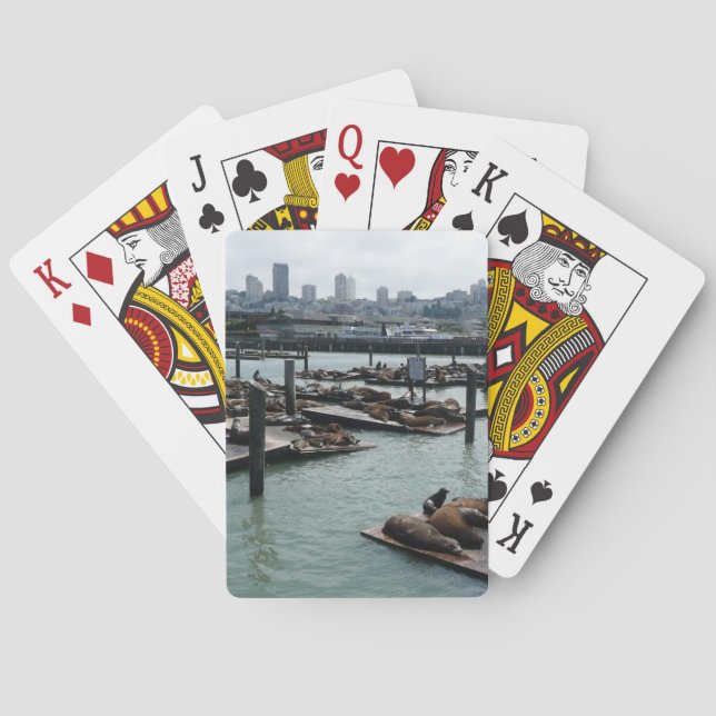 San Francisco and Pier 39 Sea Lions City Skyline Playing Cards (Back)