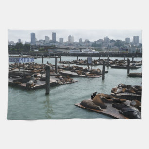 San Francisco and Pier 39 Sea Lions City Skyline Tea Towel