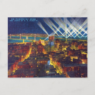 San Francisco Bay Bridge & Lights of US Fleet Postcard