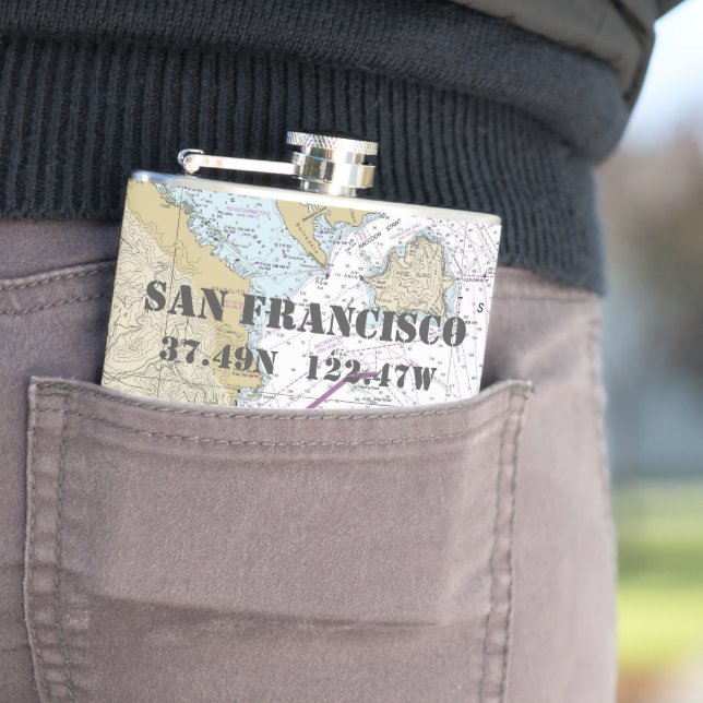 San Francisco CA Latitude Longitude Nautical Hip Flask (In Situ)