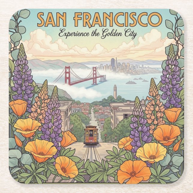 San Francisco Cable Car Postcard Square Paper Coaster (Front)