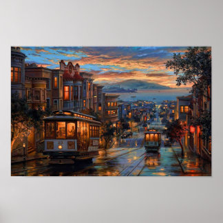 San Francisco Cable Car Sunset - Rainy Reflections Poster