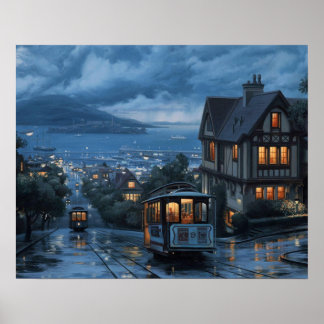San Francisco Cable Car Twilight - Moody Alcatraz  Poster
