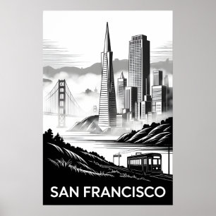 San Francisco California Black White Woodcut Poster