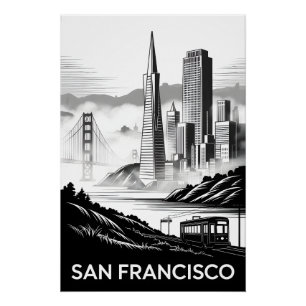 San Francisco California Black White Woodcut Poster