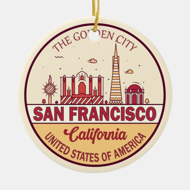 San Francisco California City Skyline Emblem Ceramic Ornament (Front)