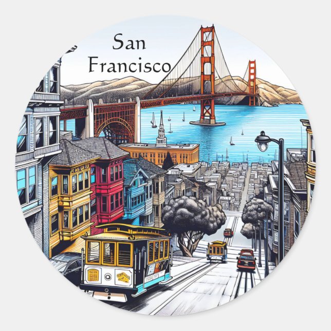 San Francisco, California Comic Book Style Art Classic Round Sticker (Front)