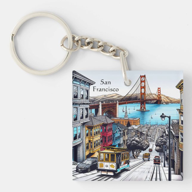 San Francisco, California Comic Book Style Art Key Ring (Front)