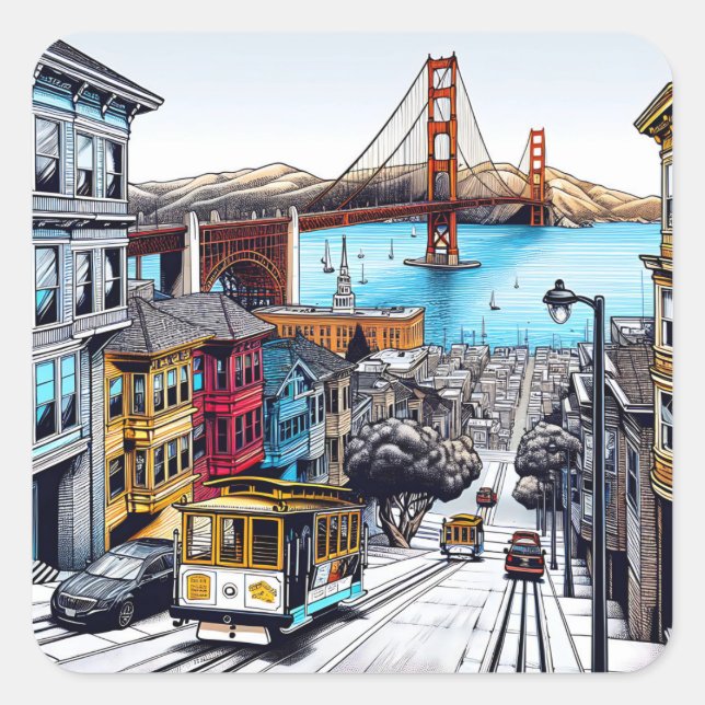 San Francisco, California Comic Book Style Art Square Sticker (Front)