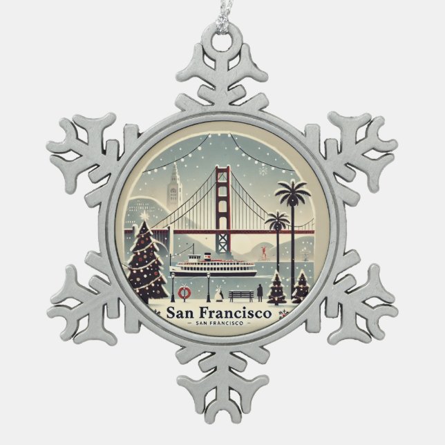 San Francisco Christmas - Golden Gate Bridge Snowflake Pewter Christmas Ornament (Front)