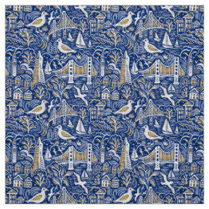 San Francisco Coastal Cityscape in Navy & Gold Fabric