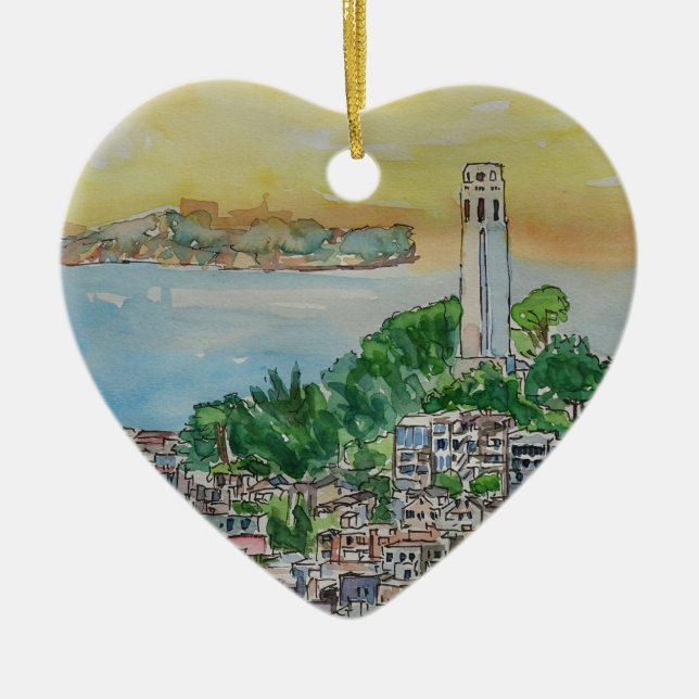 San Francisco Dusk Sunset Over Coit Tower Ceramic Ornament (Front)