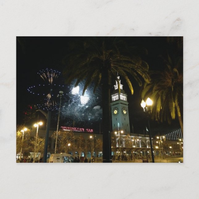 San Francisco Ferry Building Fireworks Postcard (Front)