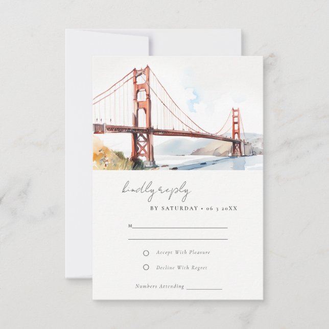 San Francisco Golden Gate Bridge Scape Wedding RSVP Card (Front)