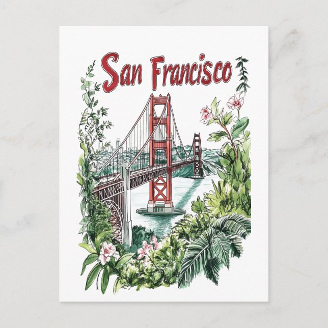San Francisco Golden Gate Bridge Watercolor Design Postcard (Front)
