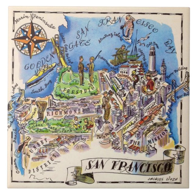 San Francisco Illustrated Blue Ceramic Tile (Front)
