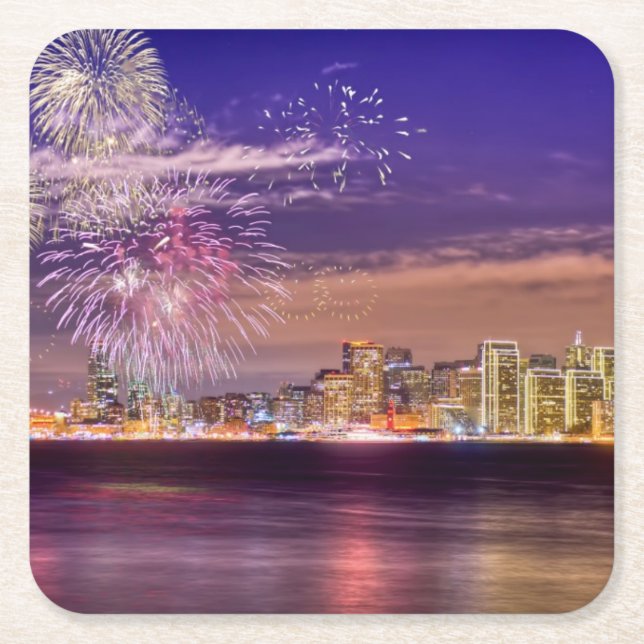 San Francisco New Year Fireworks Square Paper Coaster (Front)