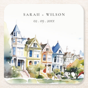 San Francisco Painted Ladies Landscape Wedding Square Paper Coaster