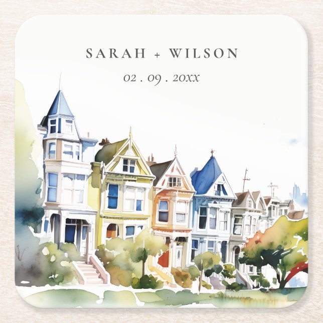 San Francisco Painted Ladies Landscape Wedding Square Paper Coaster (Front)