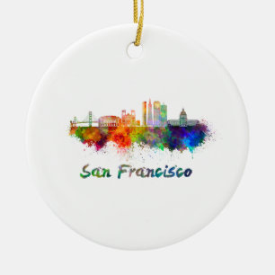 San Francisco V2 skyline in watercolor copy Ceramic Tree Decoration