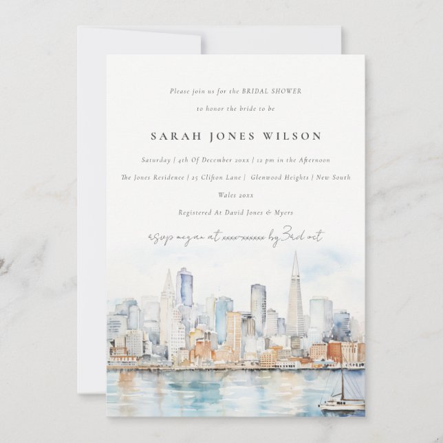San Francisco Watercolor Landscape Bridal Shower Invitation (Front)