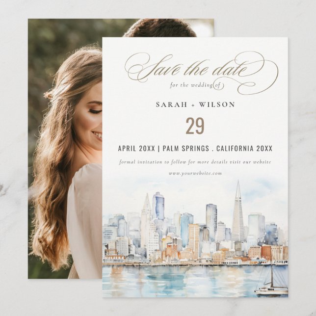 San Francisco Watercolor Landscape Photo Wedding Save The Date (Front/Back)