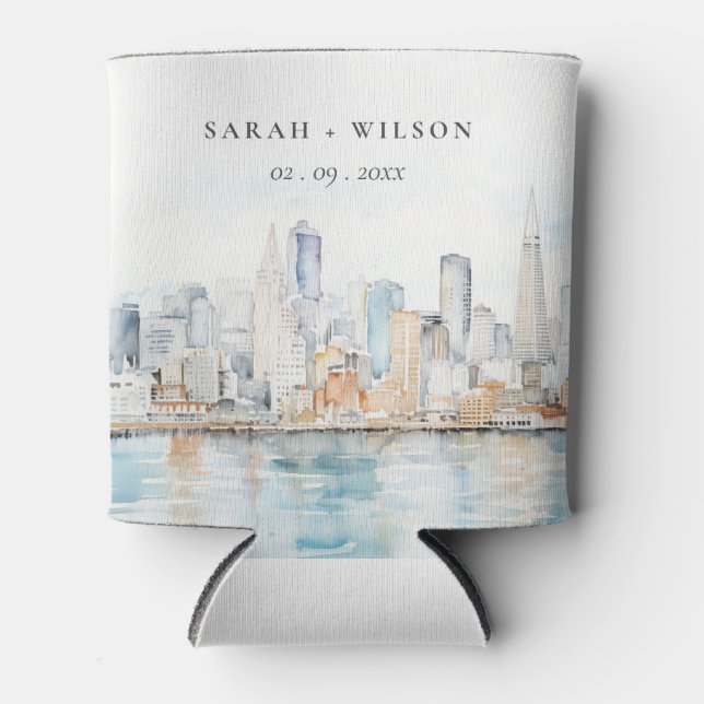San Francisco Watercolor Landscape Wedding Can Cooler (Front)