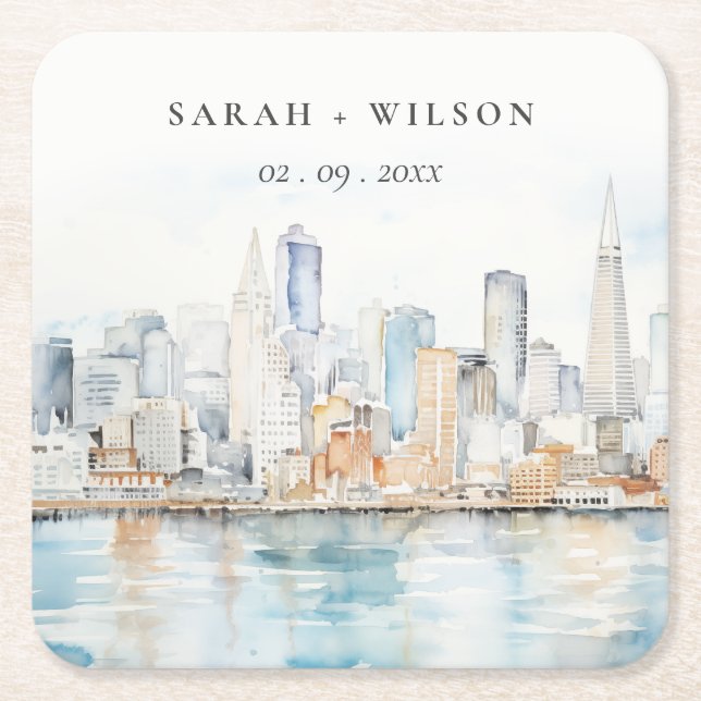 San Francisco Watercolor Landscape Wedding Square Paper Coaster (Front)