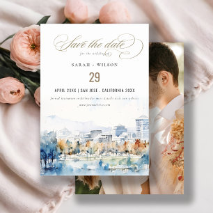 San Jose, California Watercolor Photo Wedding Save The Date